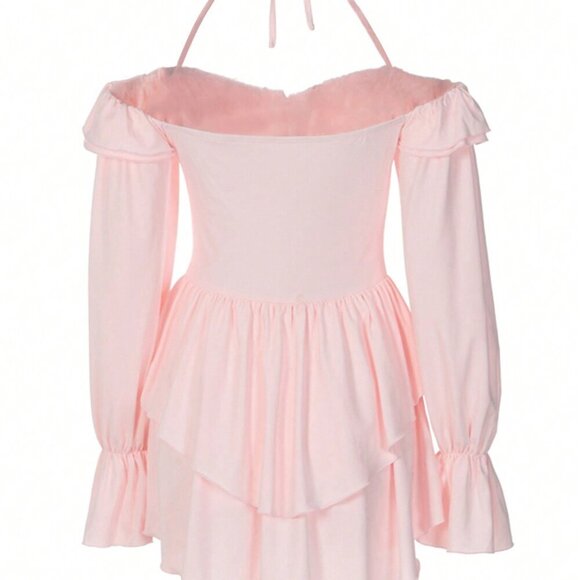 Pink Sexy Women's Ruffled Bodycon Halter Top Jumpsuit - Picture 2 of 3